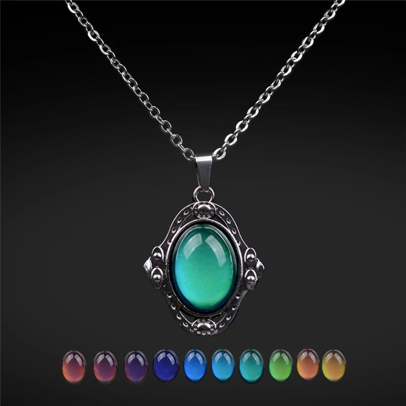 Mood Necklaces Retro Palace Elliptic Jewelry Pendant Necklace Temperature Control Color Change Necklace Stainless Steel Chain - Madeinsea©