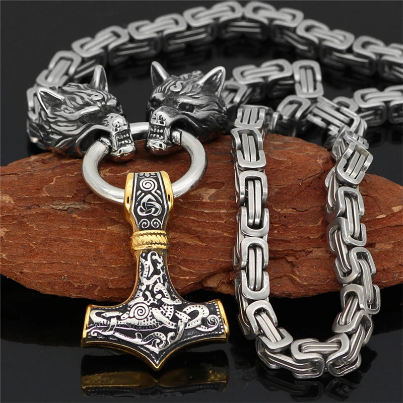 Dropshipping Stainless Steel Wolf head Necklaces Men Norse Thor's Hammer Mjolnir Pendant Scandinavian King Chain Viking Jewelry