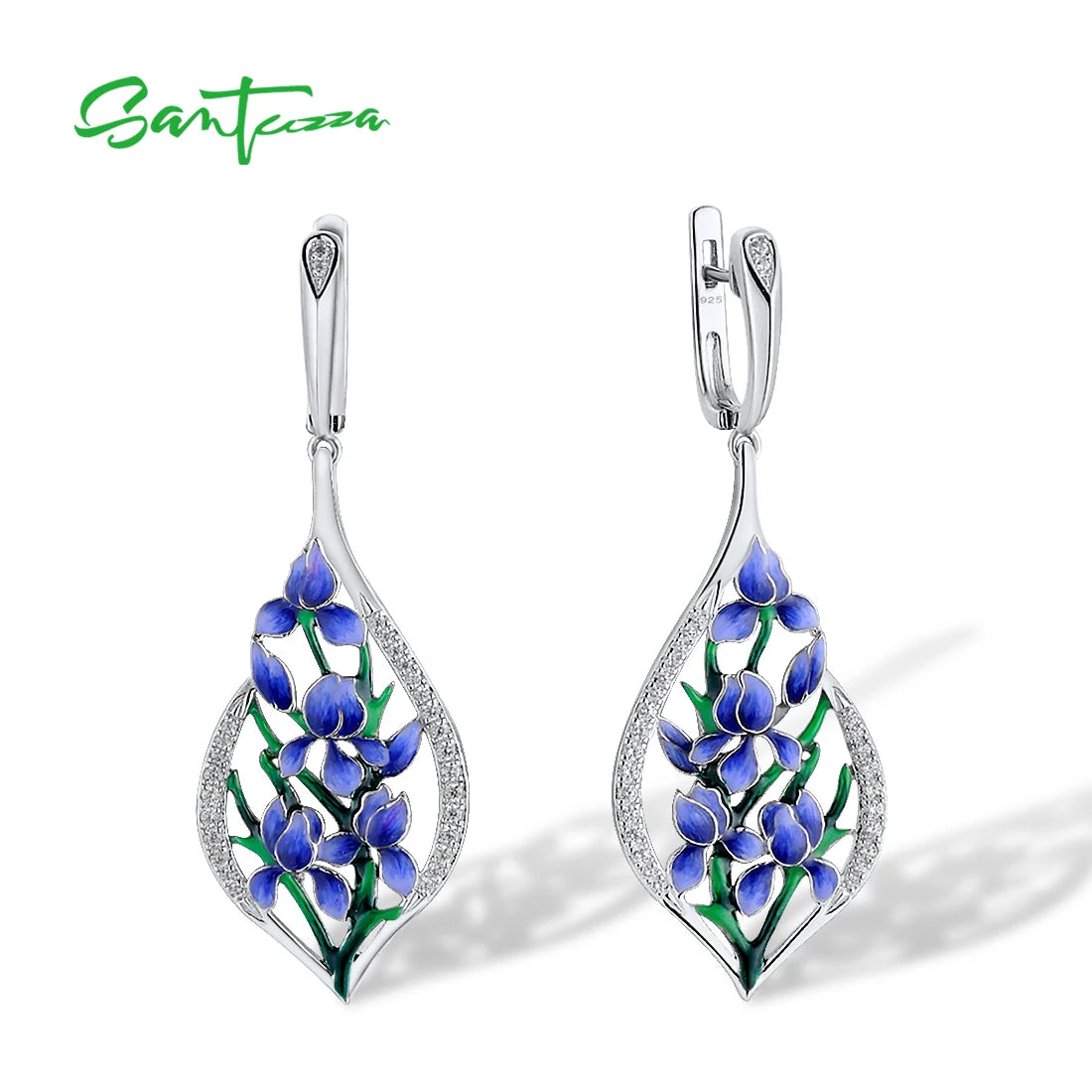 Boucles d'oreilles SANTUZZA en argent sterling 925 pour femmes, boucles d'oreilles pendantes en forme de fleur d'orchidée bleue en zircone cubique blanche, bijoux fins à la mode, émail fait à la main