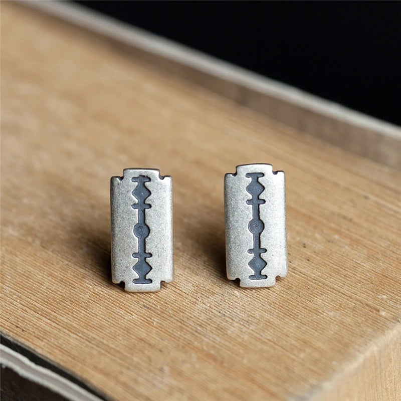 MKENDN Gothic Port Style Real 925 Sterling Silver Men Blade Stud Earrings Vintage Distressed Earrings Unisex Earrings