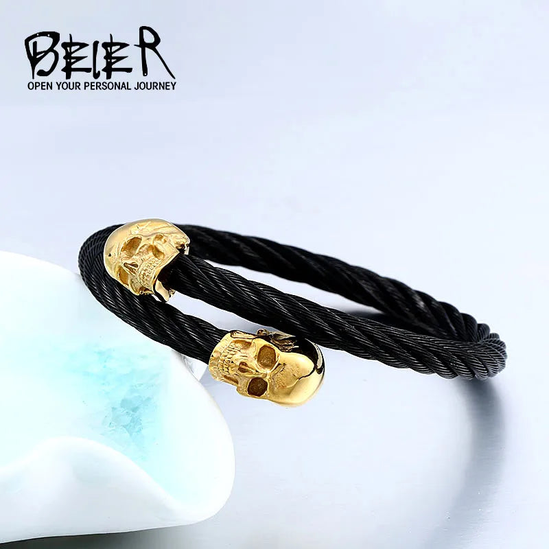 Bracelet Beier en acier inoxydable 316L pour homme avec tête de mort dorée et punk, bijou cool et réglable de haute qualité LLBRG-016G