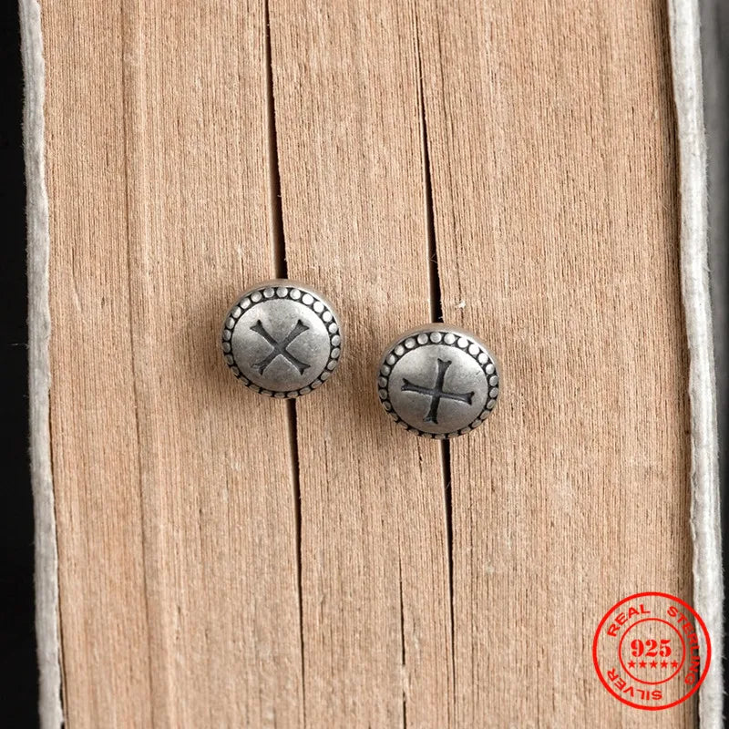 MKENDN 100% 925 Sterling Silver Creative Retro Lucky Buttons Cross Stud Earring Punk Street Style For Men Women Fine Jewelry