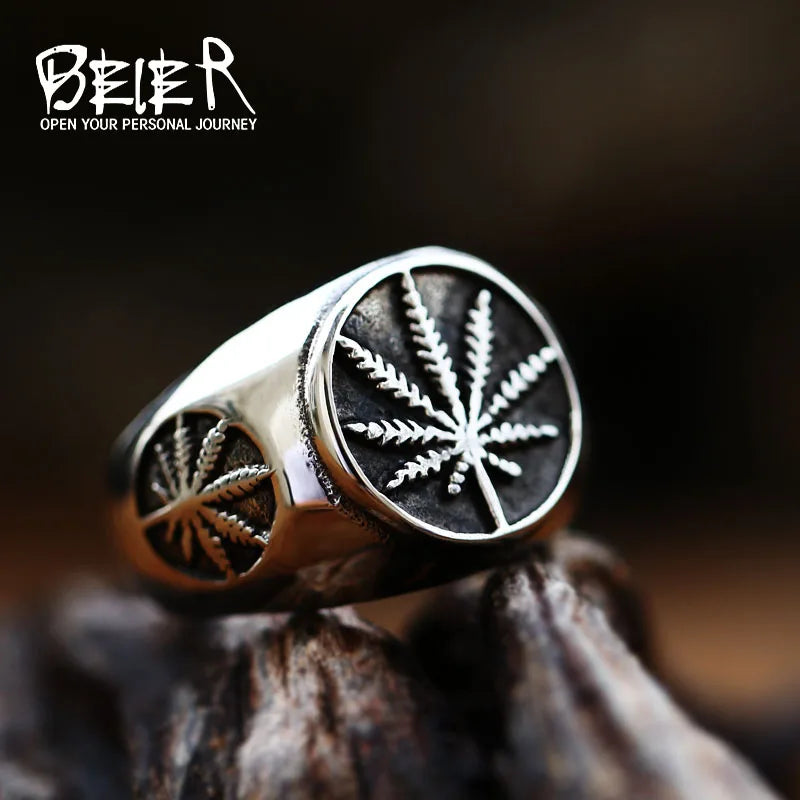 Beier New Designs Hip-Hop Maple Leaf Mens Stainless Steel Ring Punk Signet Ring For Rocker Mujer Hemp Ring Male