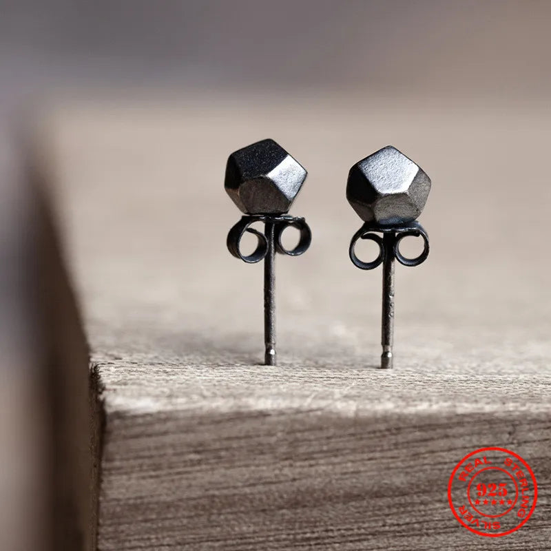 MKENDN Oxidized Black 925 Sterling Silver Three-dimensional Geometric Shape Stud Earrings Punk Irregular personality Jewelry