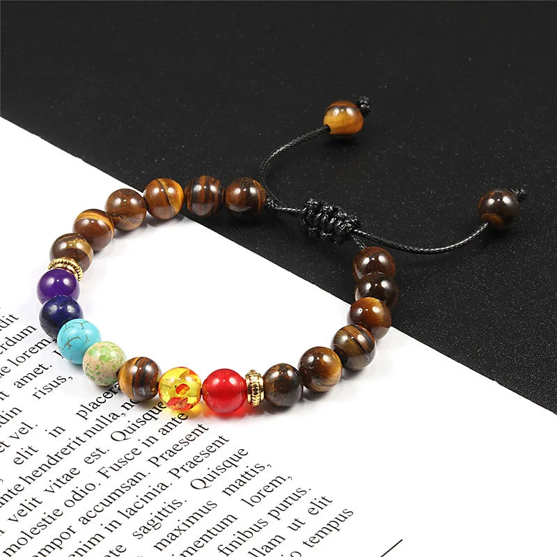 2Pcs Natural Stone 7 Chakra Healing Beaded Adjustable Braided Bracelets Men 8mm Lava Stretch Bracelet Women Reiki Buddha Jewelry