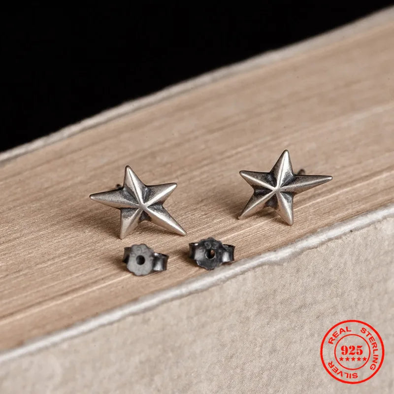 MKENDN 100% 925 Sterling Silver Creative Retro Star Stud Earring Men Women Trendy Street Punk Style Ear Pin Fine Jewelry