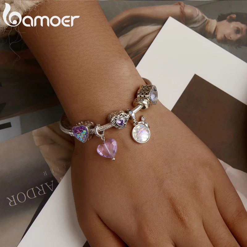 bamoer 925 Sterling Silver Enamel Marine Life Charm Mermaid Sea Horse Fishtail Scale Shell Heart Scaly Bead Castle Charm BSC428