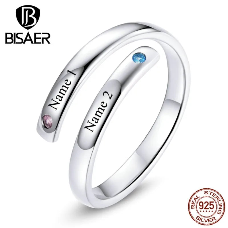 Bague personnalisée BISAER en argent sterling 100 % 925 avec nom gravé pour femme, bague réglable, meilleur cadeau ECR747