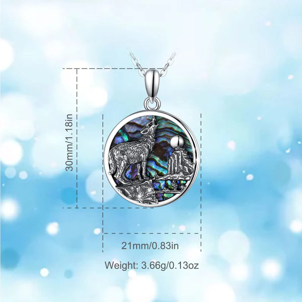 Collier pendentif loup en argent sterling 925 Eudora, coquillage d'ormeau, mère huître, bleu, coloré, fin, bijoux mbd023