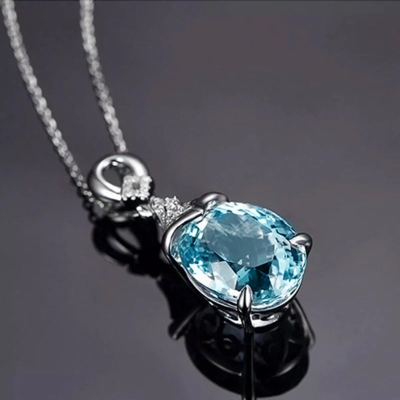 Huitan Delicate Water Drop Shaped Pendant Necklace for Women Fresh Sky Blue Oval Cubic Zirconia Luxury Fashion Wedding Jewelry