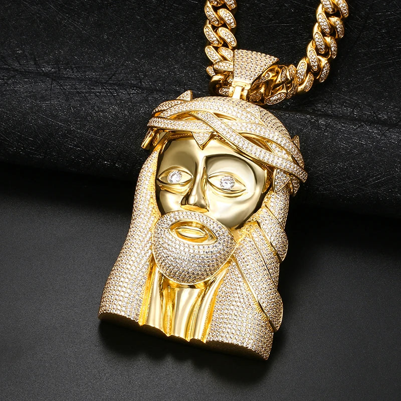 Super Big Gold Colour Jesus Copper Iced Out Cubic Zirconia Pendant Necklace For Men's Hip Hop Jewelry Wholesale Drop Shipping