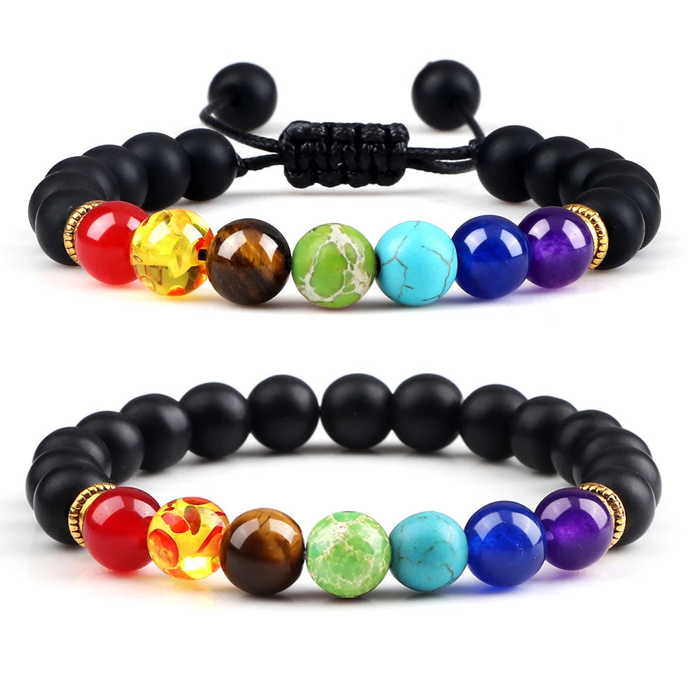 2Pcs Natural Stone 7 Chakra Healing Beaded Adjustable Braided Bracelets Men 8mm Lava Stretch Bracelet Women Reiki Buddha Jewelry