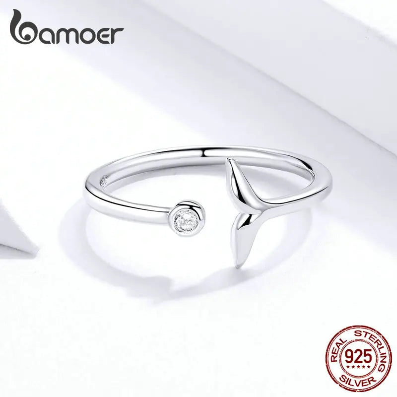bamoer 925 Sterling Silver 2 Color Fish Tail Mermaid Open Finger Rings for Women Adjustable Band Free Size Bijoux SCR618