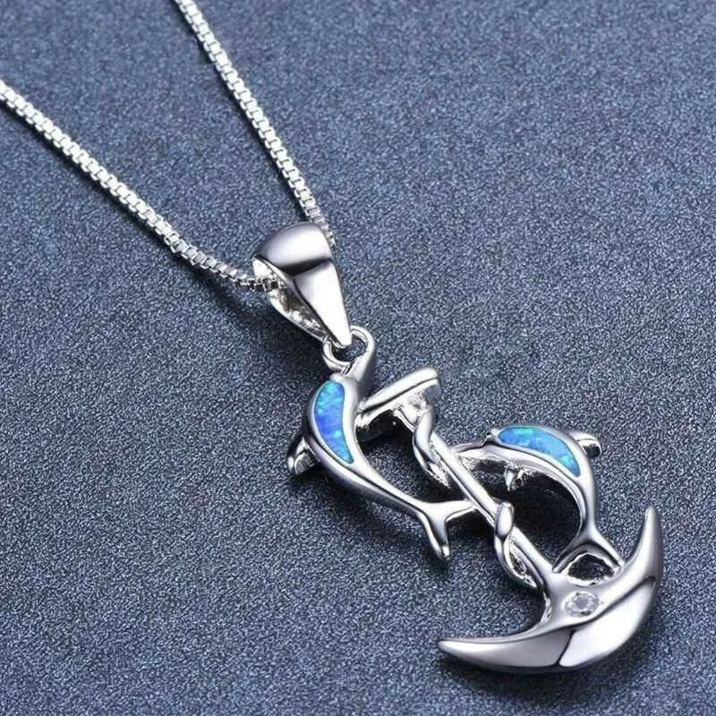 Fashion Lady Silver Dolphin Blue Simulated Opal Pendant Necklace Jewelry