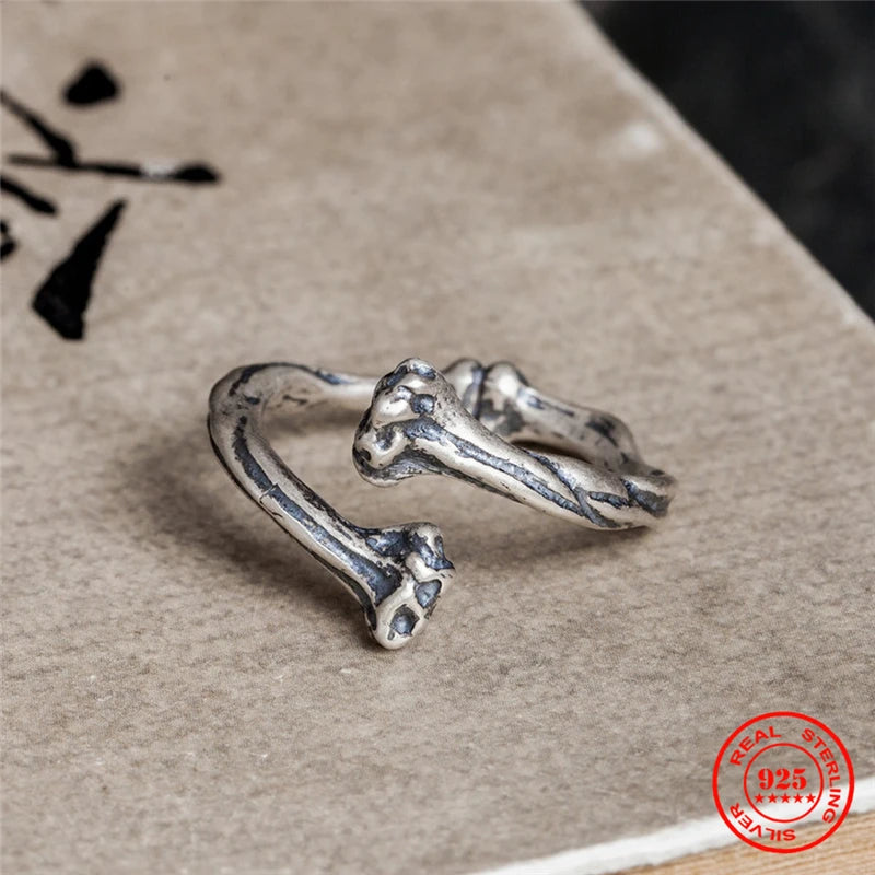 MKENDN 100% 925 Sterling Silver Bone Cross Thighbone Skeleton Punk Men Ring Silver Color Punk Fashion Biker Skull Jewelry