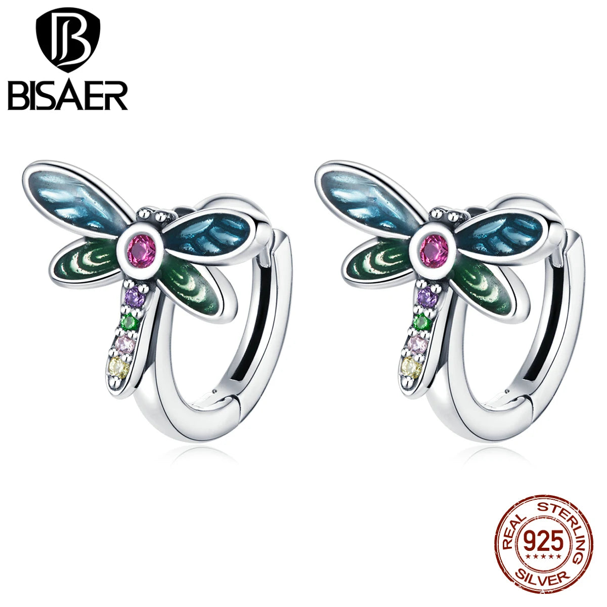 BISAER 925 Sterling Silber Klar CZ Libelle Ohrring Für Frauen Sommer Neue Stud Ohrringe Grün Mode Silber Schmuck ECE1172