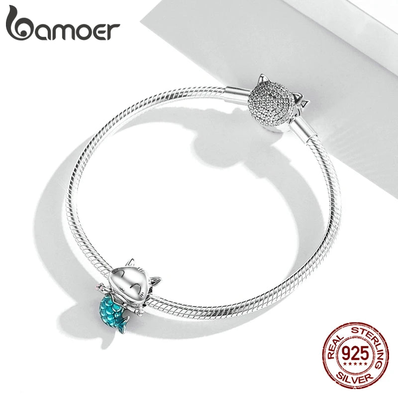 Bamoer 925 Sterling Silber Kitty Meerjungfrau Charme Blau Emaille Perle Anhänger für Original Armband Armreif DIY Herstellung für Mädchen SCC1852
