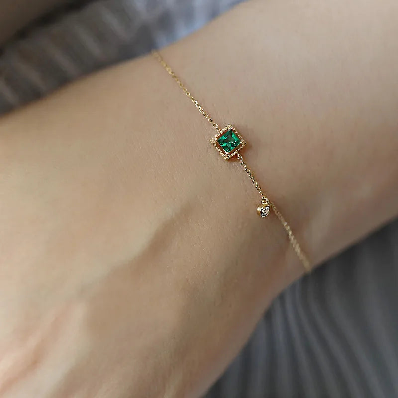 925 Sterling Silver Japanese Simple Emerald Crystal Chain Bracelet Women Light Luxury Temperament Plating 14k Gold Jewelry Gift