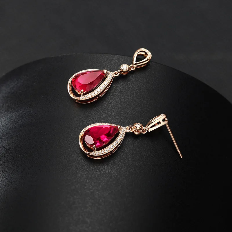 18k Rose Gold Jewelry with Ruby Red Gemstones Water Drop Shaped Earrings for Women Ruby Female Ear Drops Anniversary Cute Gifts