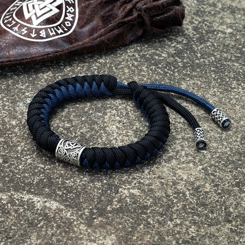 MKENDN Bracelet Viking Ethnique Vintage Homme Guerrier Amulette Scandinave Valknut Symbole d'Odin des Runes Nordiques Bracelet Paracord