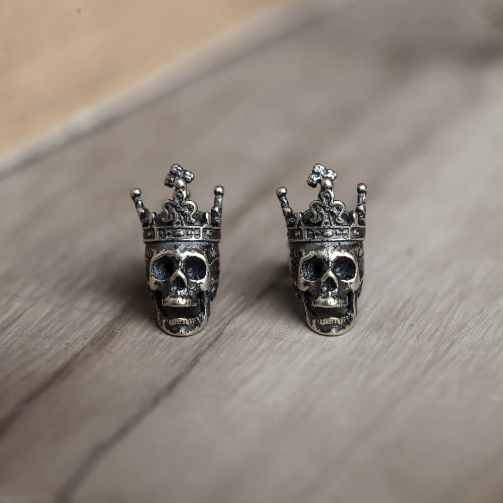 MKENDN 100% 925 Sterling Silver Creative Retro Skull King Crown Stud Earring Punk Gothic Style Ear Pin for Men Women Ear Jewelry