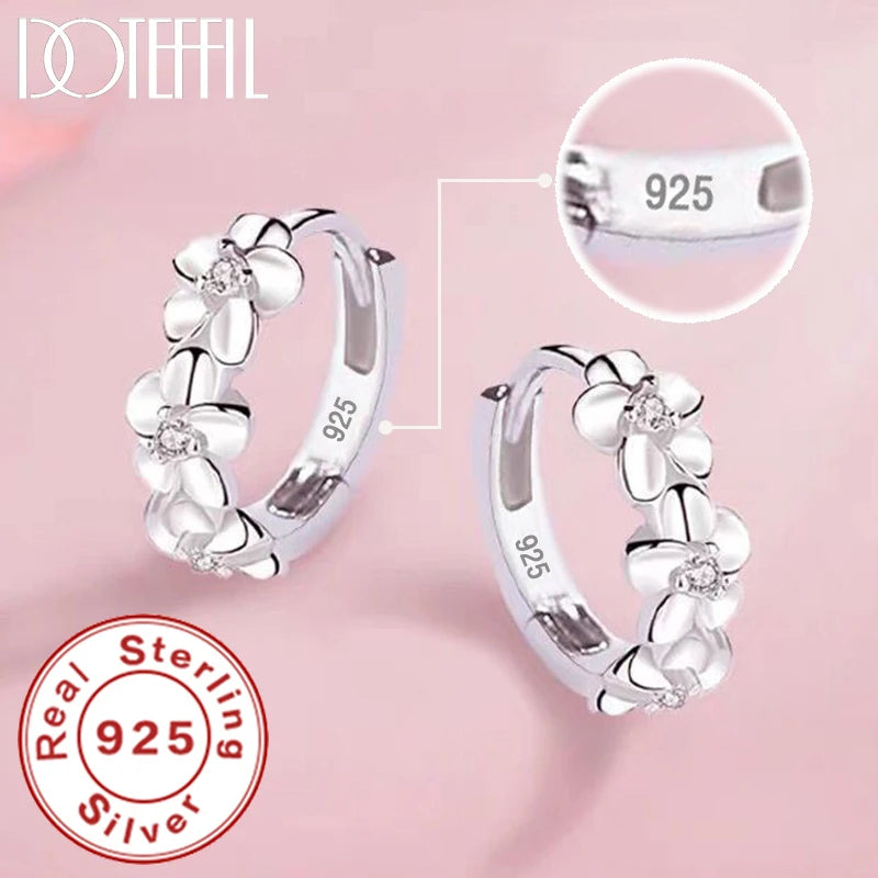 DOTEFFIL 925 Sterling Silver Small Rose Flower Round Hoop Earring AAA Zircon For Women Female Charm Engagement Wedding Jewelry