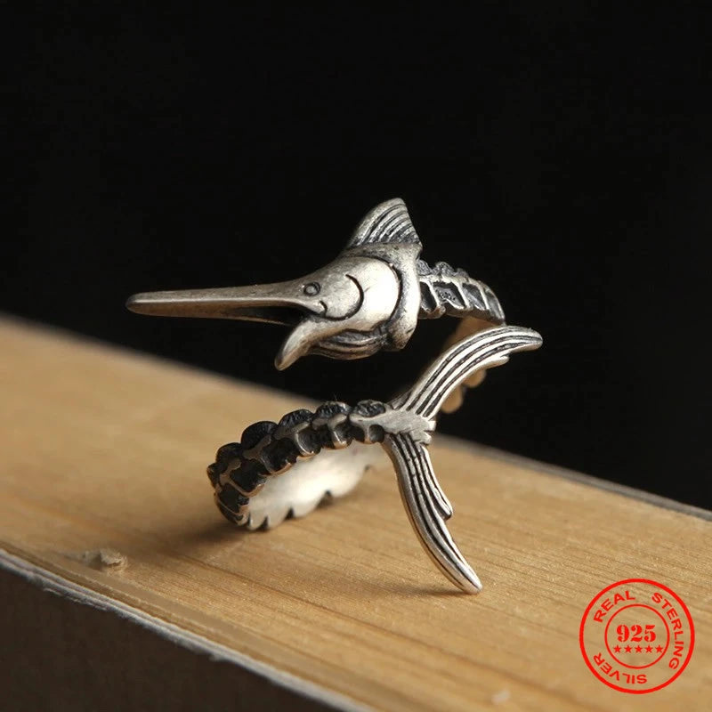 MKENDN Men Women Retro Personality Gothic Old Man And The Sea Marlin Fish Open Ring Genuine 925 Sterling Silver Jewelry