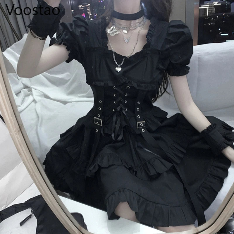 Gothic Lolita Style Dress Summer Women Chic Puff Sleeve Bandage Party Punk Mini Dresses Cool Girls Black Ruffles Tiered Dress