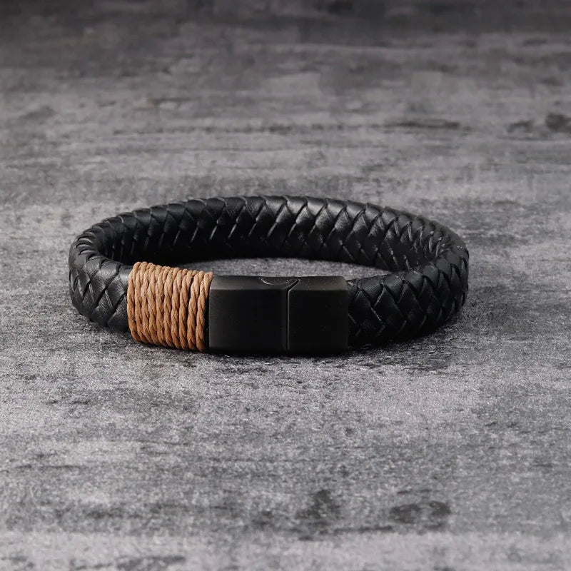 Bracelet MKENDN vintage en cuir noir, style punk, fermoir magnétique en acier inoxydable, jonc tressé, bijou tendance pour homme, cadeau idéal pour une soirée