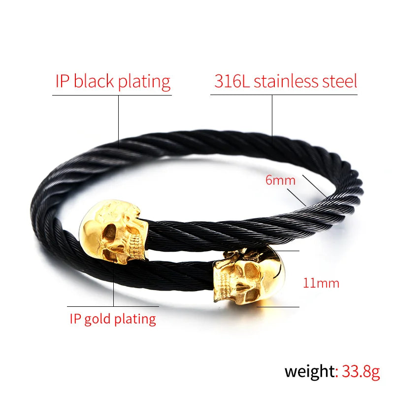Bracelet Beier en acier inoxydable 316L pour homme avec tête de mort dorée et punk, bijou cool et réglable de haute qualité LLBRG-016G