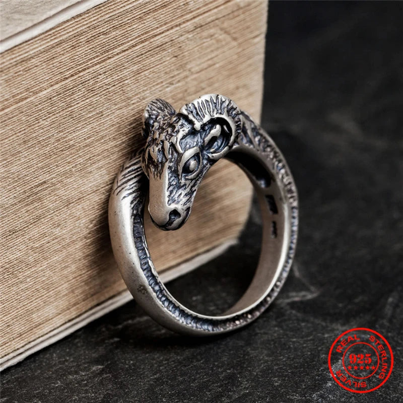 Bague MKENDN Vintage en argent sterling 925 noir, motif mouton du zodiaque, style punk/motard, pour homme et femme. Bijou