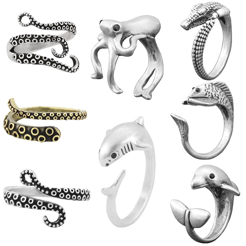 1 Piece Fashion Jewelry Fun Animals Rings For Women Men Anel Boho Shark Octopus Ring Accessories Bijoux Halloween Whole Sale