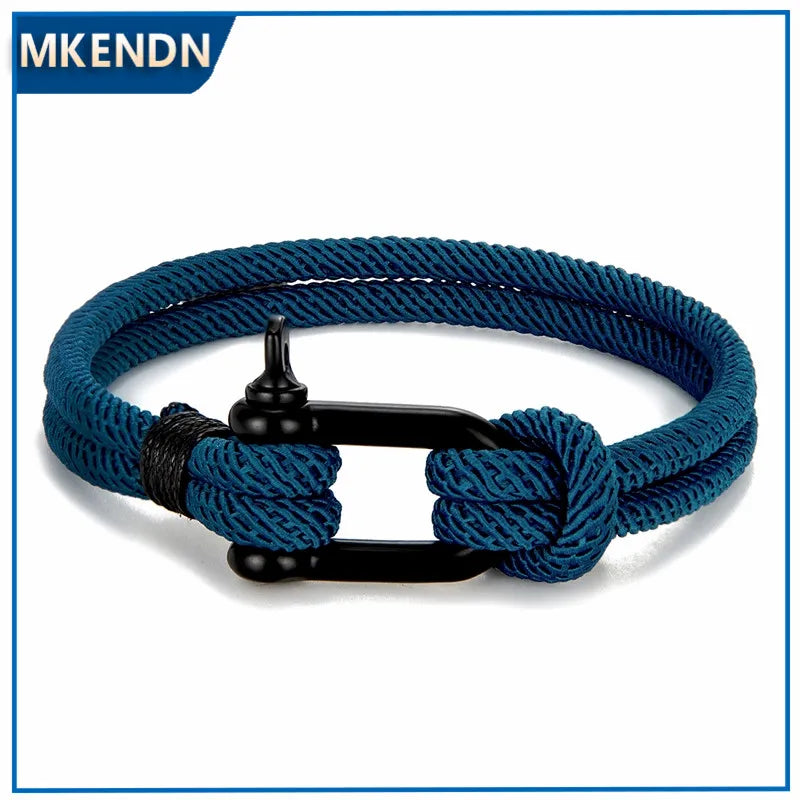 MKENDN Men's Black U Shape Shackle Nautical Double Strand Rope Bracelet Outdoor Camping Rescue Emergency Rope Bracelet For Women