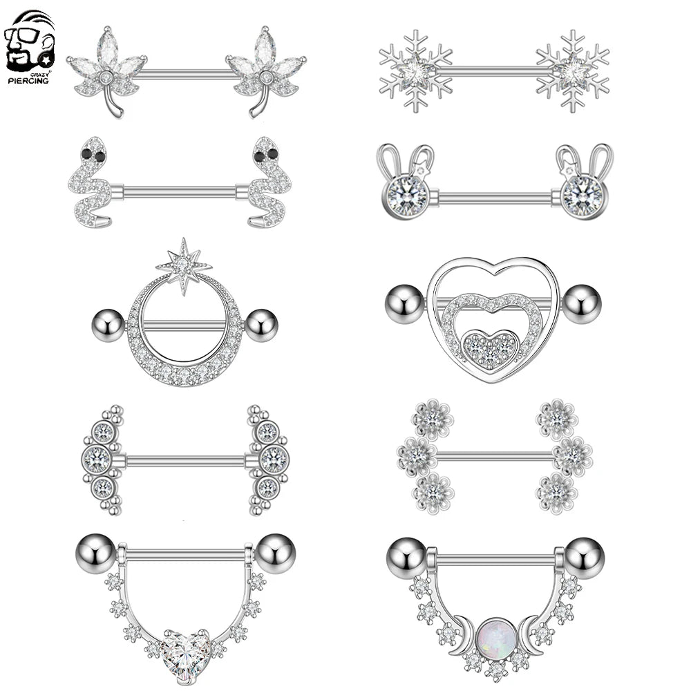2 STÜCKE Kaninchen Nippel Ringe Kristall Stahl Herz Schlange Piercings Frauen Nippel Barbell Brust Schild Abdeckung 14G Körper Piercings Schmuck