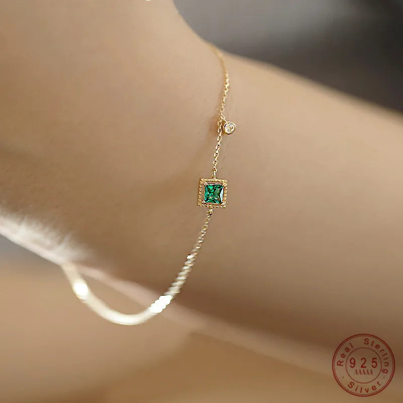 925 Sterling Silver Japanese Simple Emerald Crystal Chain Bracelet Women Light Luxury Temperament Plating 14k Gold Jewelry Gift