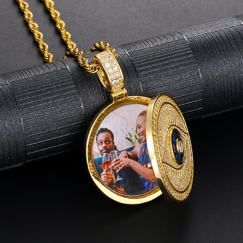 Evil Eye Memory Medallions Customized Photo Pendant Necklace For Men Hip Hop Jewelry & Engraved Pendant Name Memory Gift