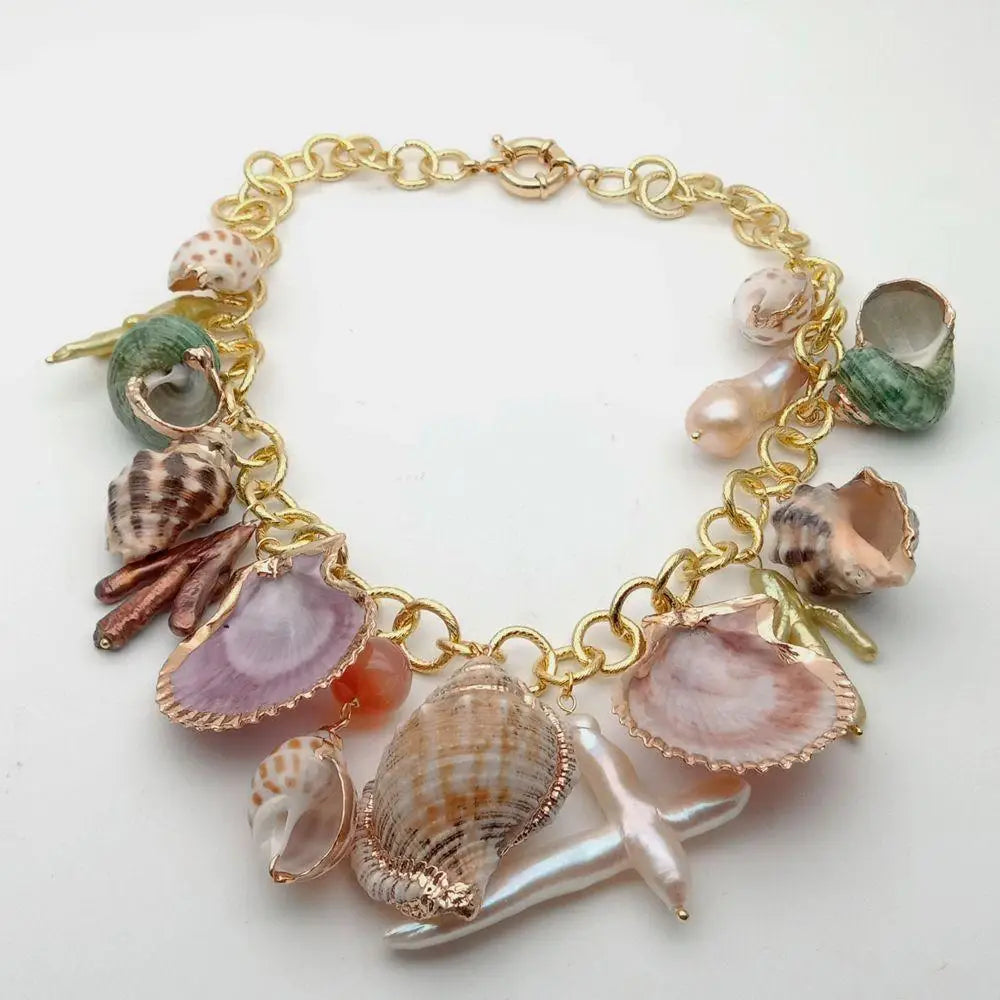Multi Sea Shell Pearl Chain Necklace