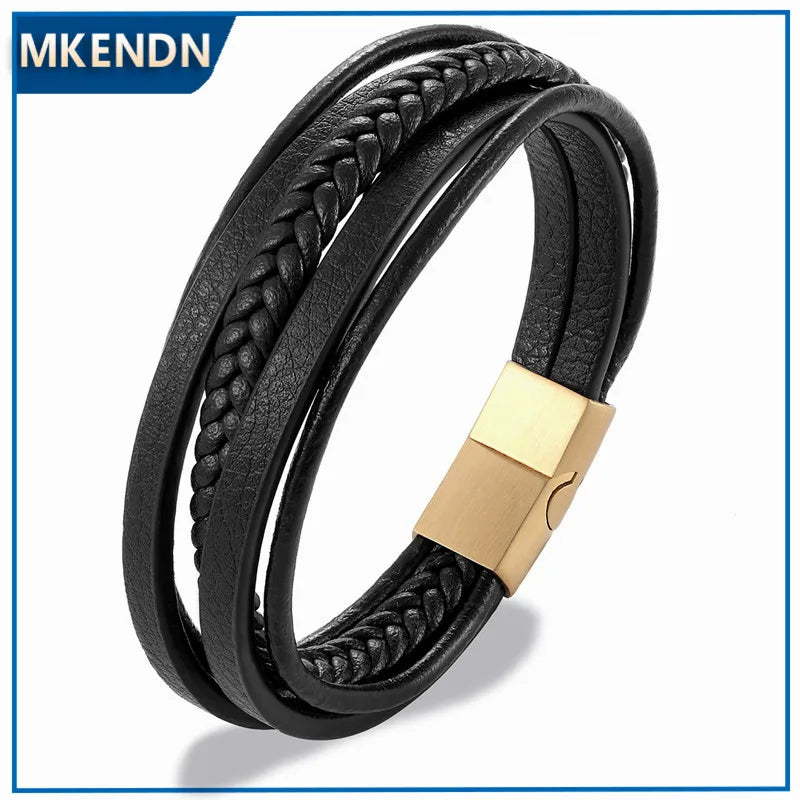 MKENDN Geometric Stainless Steel Accessories Leather Men's Bracelet Classic Multi-layer Luxury Style For Handsome Men Gift