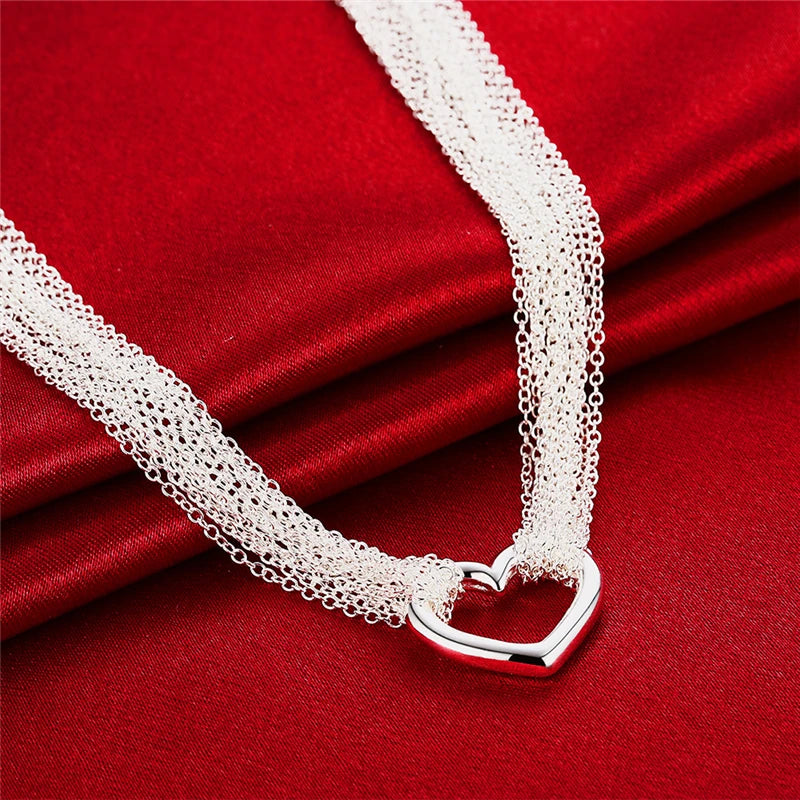 DOTEFFIL 925 Sterling Silver Multi-Line Chain Heart Necklace Bracelet Network Ring For Women Wedding Engagement Party Jewelry
