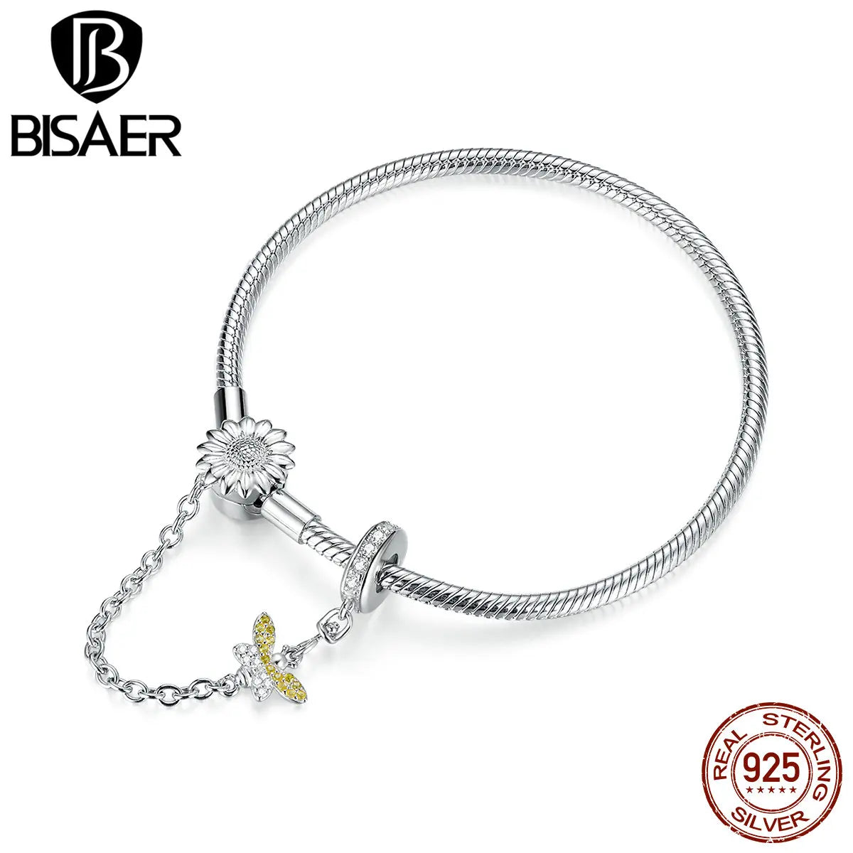 Bracelet en argent sterling 925 BISAER avec chaîne de sécurité en forme de marguerite et d'abeille, plaqué or blanc, accessoires de bijoux fins