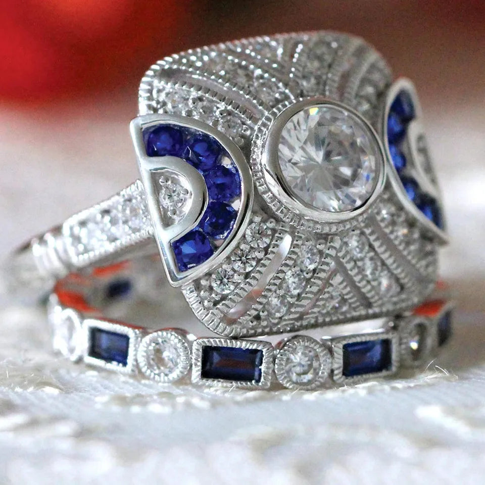 Buyee 925 Sterling Silber Paar Ring Sets Blau Kristall Stein Quadrat Streifen Ring für Frauen Luxus Hochzeit Engagement Schmuck