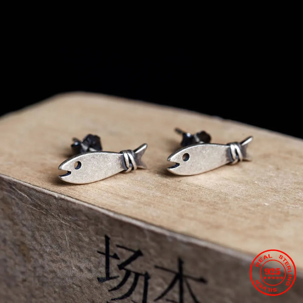 MKENDN Teeny Tiny Fish Earrings Minimalist Stud Earrings Simple Symbol Handcrafted Solid Sterling Silver Studs