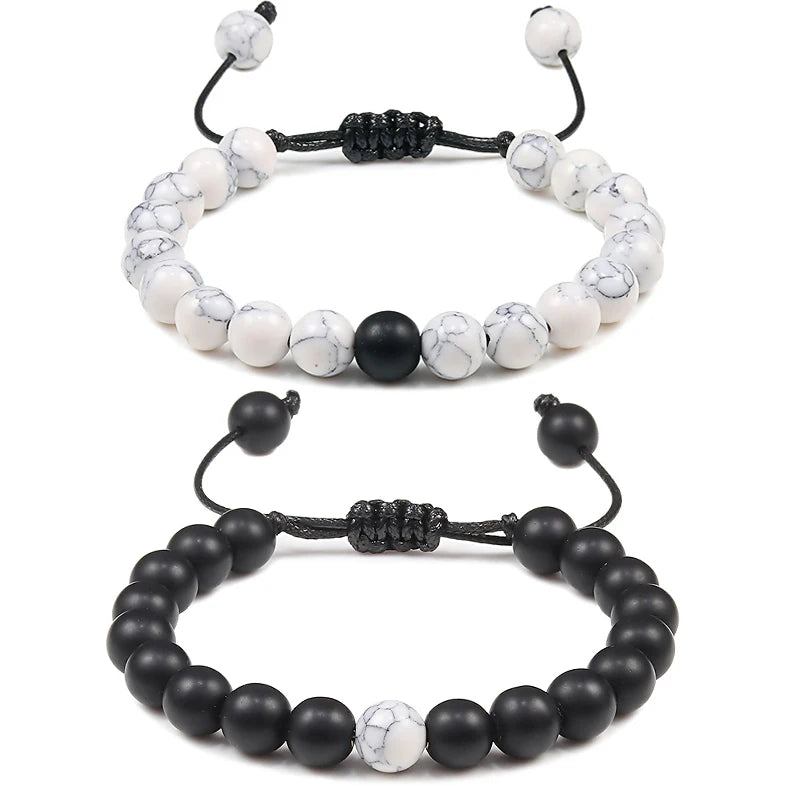 Adjustable Couples Distance Beaded Bracelets Natural Stone Lava Matte White Black Braided Bracelet for Men Women Gifts Pulseiras