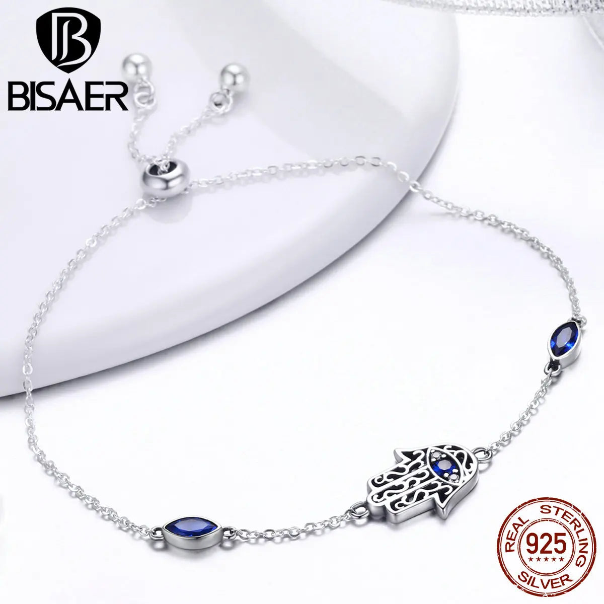BISAER Bracelet en argent sterling 925 véritable Hamasa avec zircon bleu réglable pour femme, bijoux fins ECB076