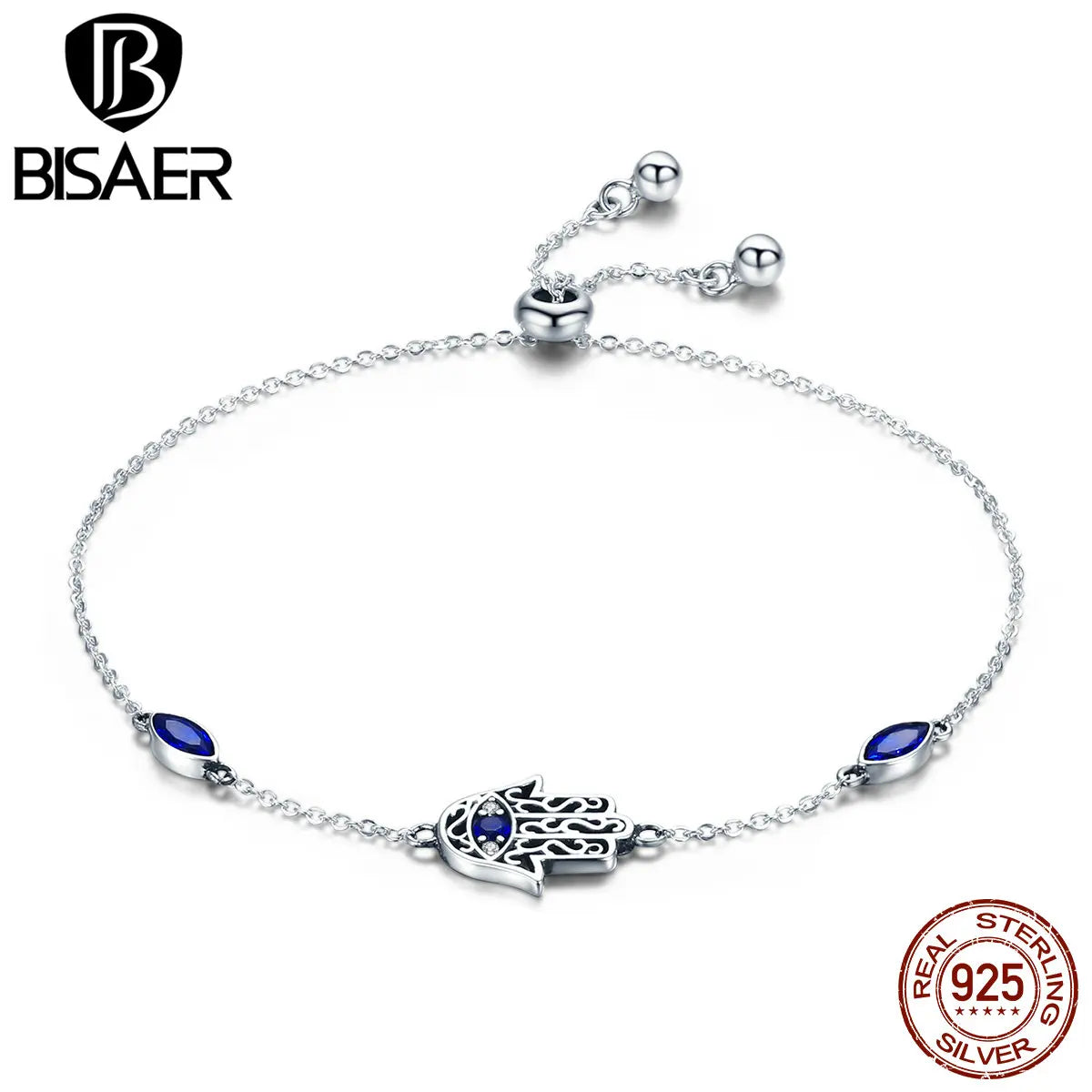 BISAER Bracelet en argent sterling 925 véritable Hamasa avec zircon bleu réglable pour femme, bijoux fins ECB076
