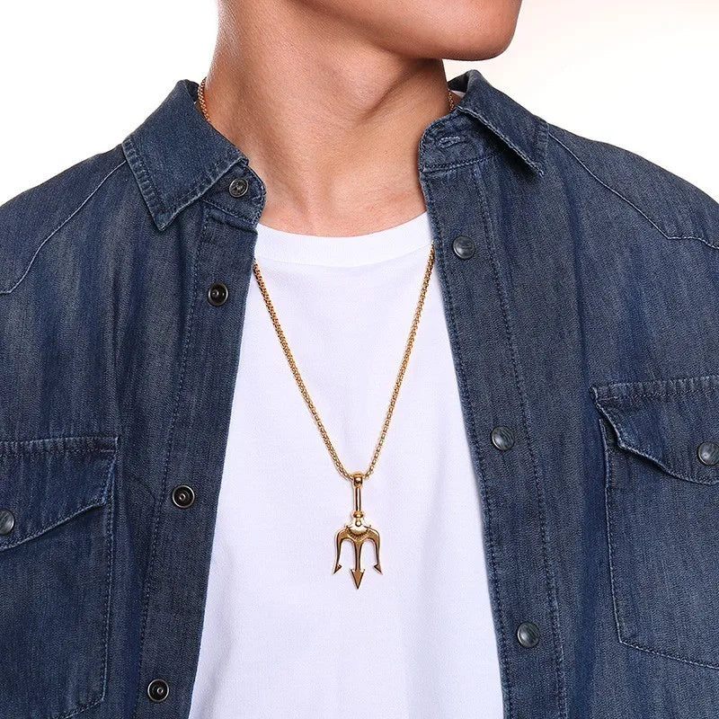 Vnox Mens Punk Trident Necklace Black Gold Color Stainless Steel Statement Pendant Gifts for Him Hip Hop Jewelry - Madeinsea©