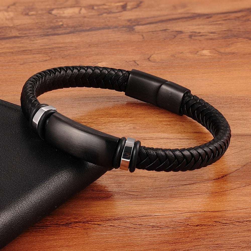 TYO Custom Stainless Steel Black Matte Metal Charm Men's Handmade Braided Real Leather Boyfriend Bracelet with Magnetic Clasp