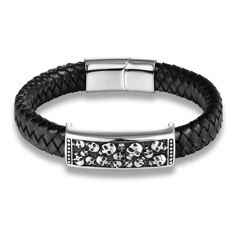 MKENDN Modische geflochtene Lederarmbänder, Totenkopf-Armband, Punk-Wickelarmband, Edelstahl, magnetische Schnalle, modische Armreifen