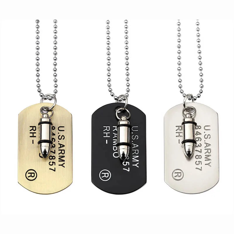 Stainless Steel Rapper Men U.S. Army Style Jewelry Bullet Dog Tag Pendant Necklace HIP Hop Necklace Jewelry Drop Shiping
