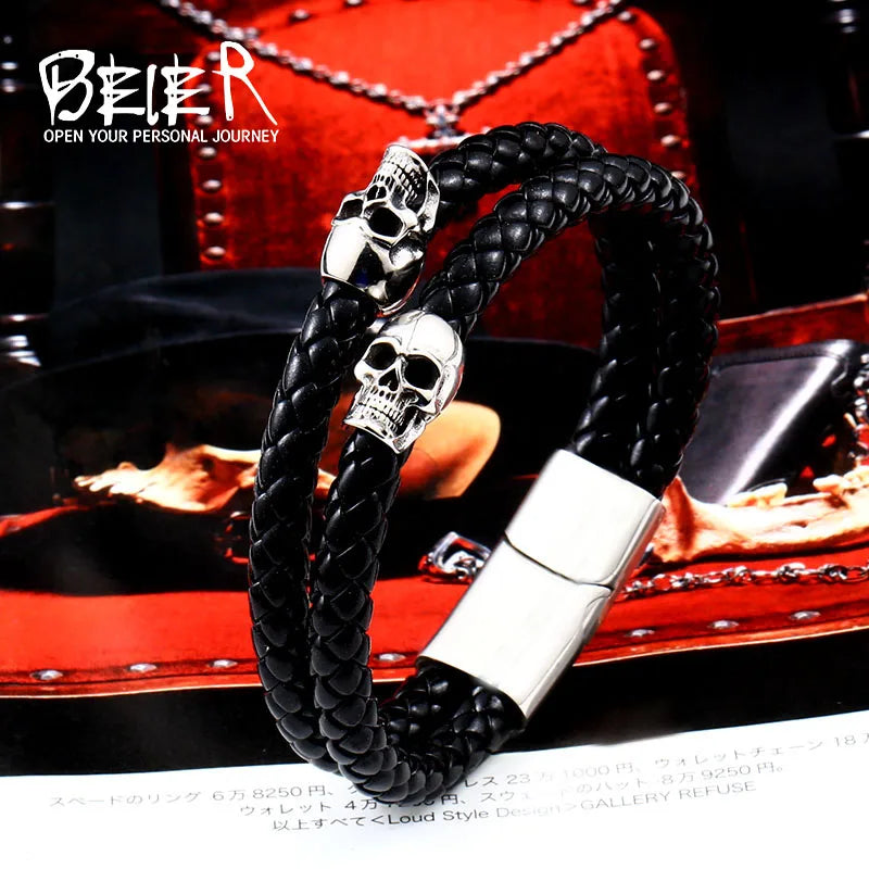 Beier new store new leather woven men's bracelet punk double skull fashion party jewelry gift LLBC-L049 - Madeinsea©